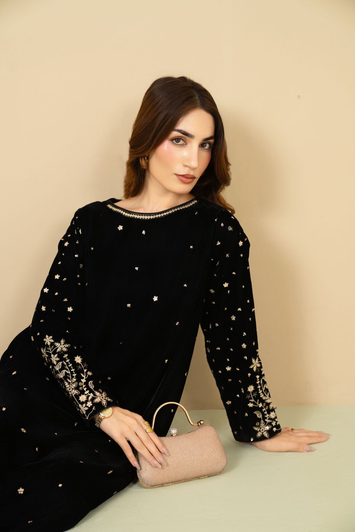 Black velvet kaftan 2 piece by Tiraz