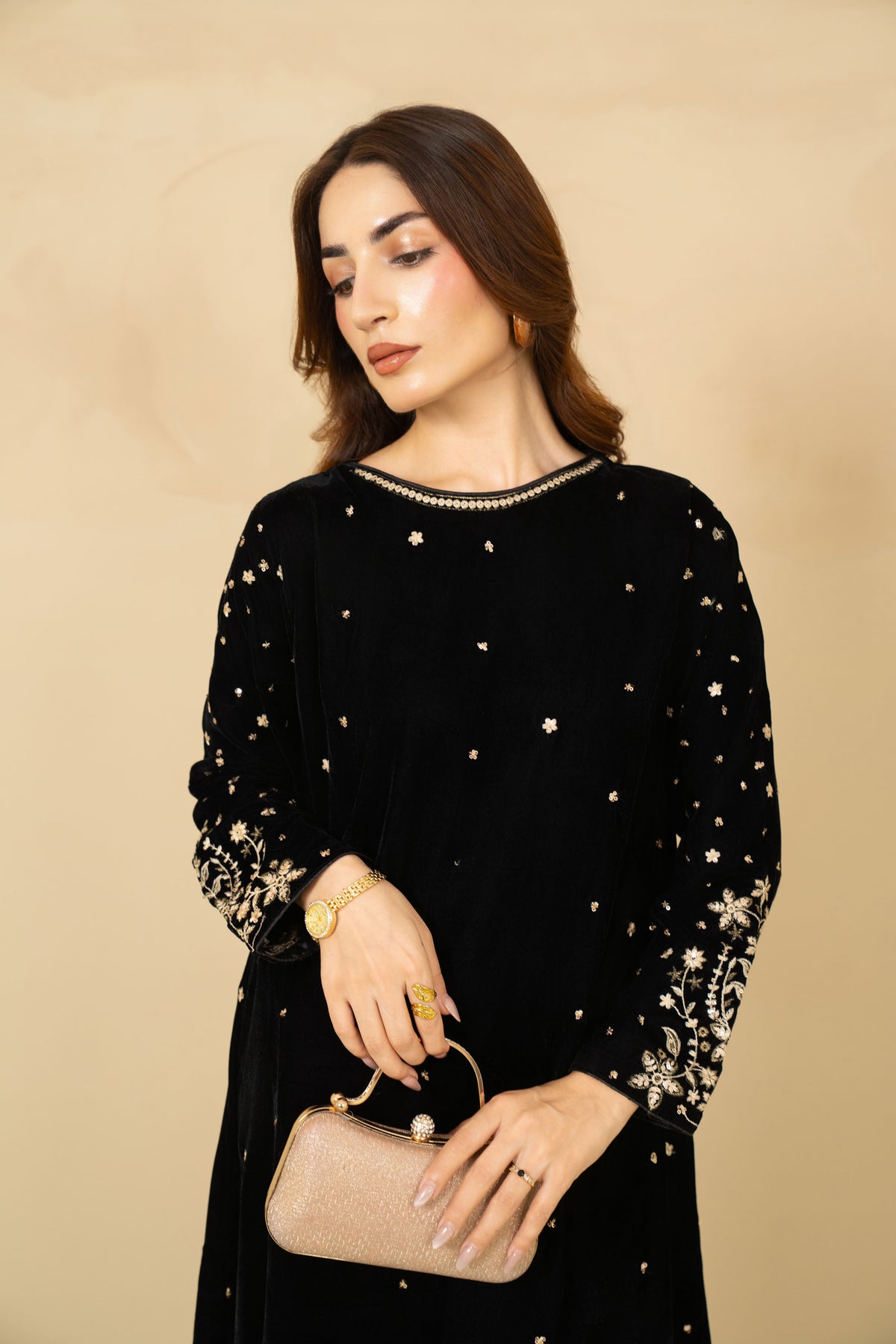 Shabnam black embroidered velvet kaftan styled look