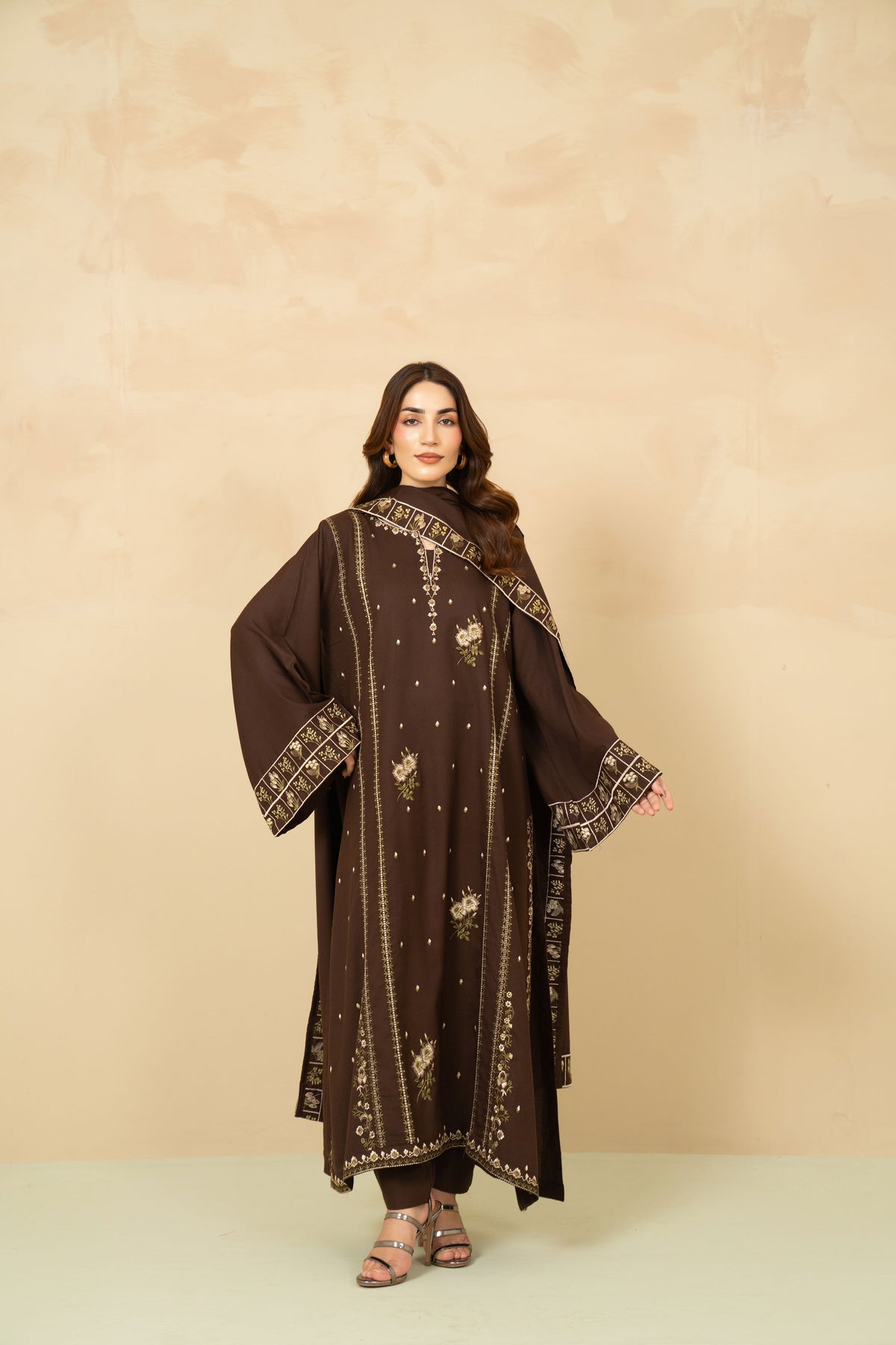 Model wearing Cocoa chocolate brown A-line suit