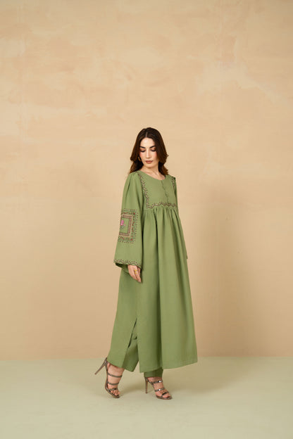 Celadon embroidered long flared A-line shirt