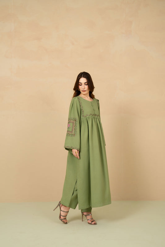 Celadon embroidered long flared A-line shirt