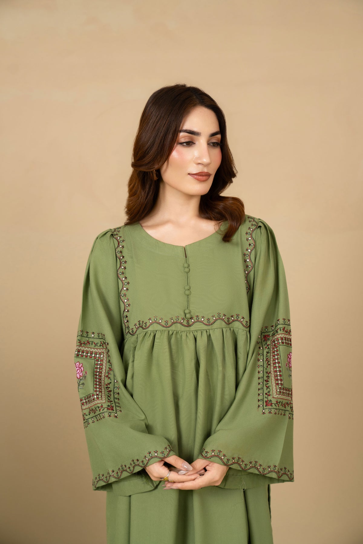 Celadon sage green flared silhouette