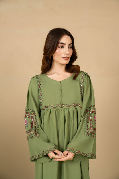 Celadon sage green flared silhouette