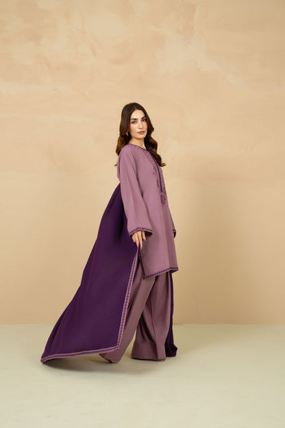 Lavender lilac embroidered short shirt with contrast plum shawl