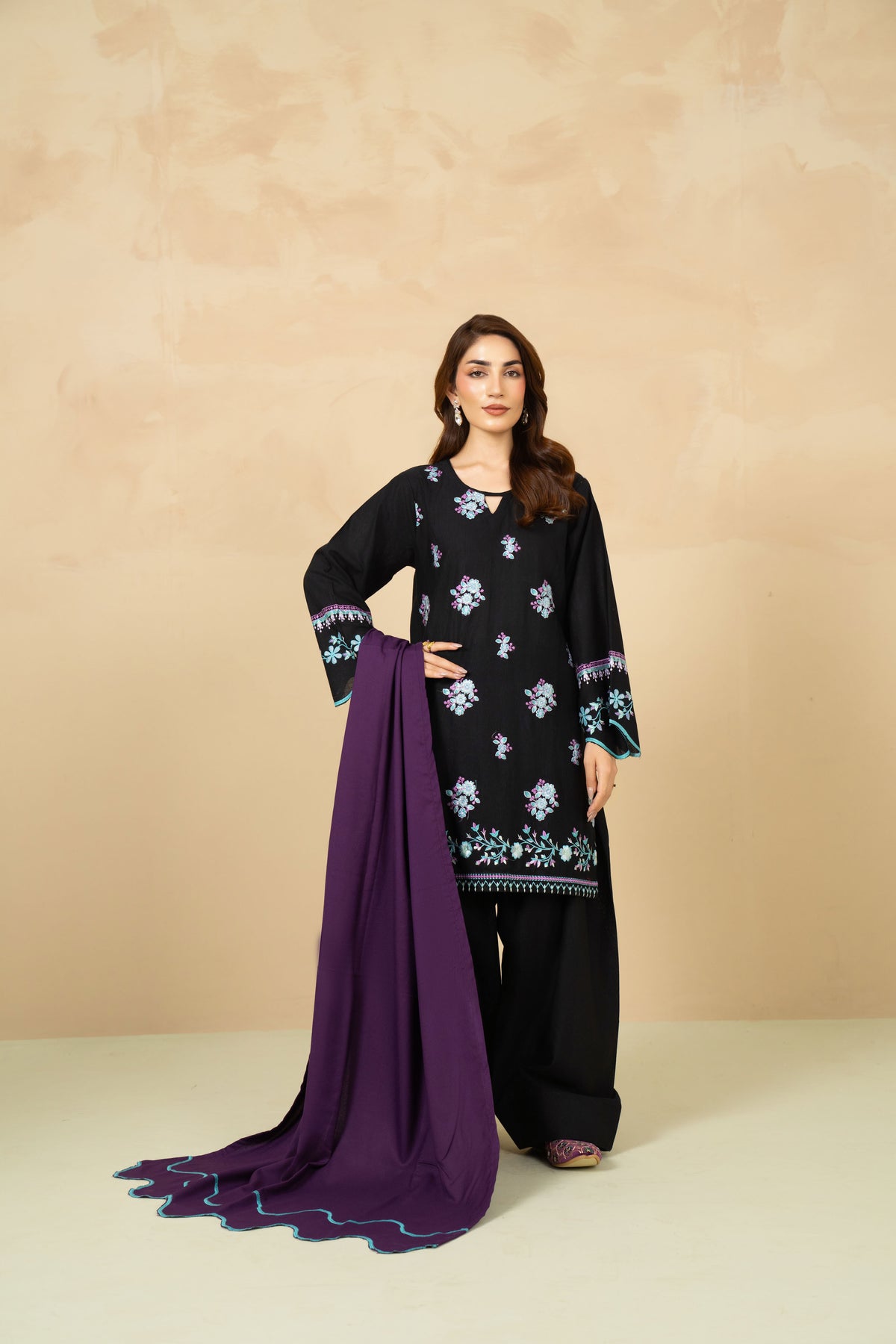 Noir black khaddar suit styled look