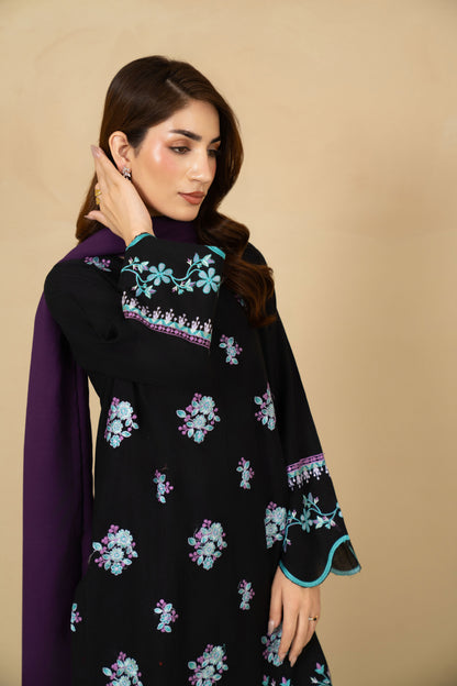 Noir black embroidered short shirt in khaddar