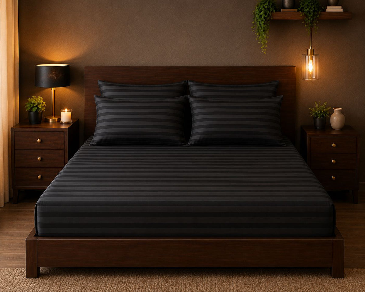 Black Royalty queen size bedsheet set in black microfiber