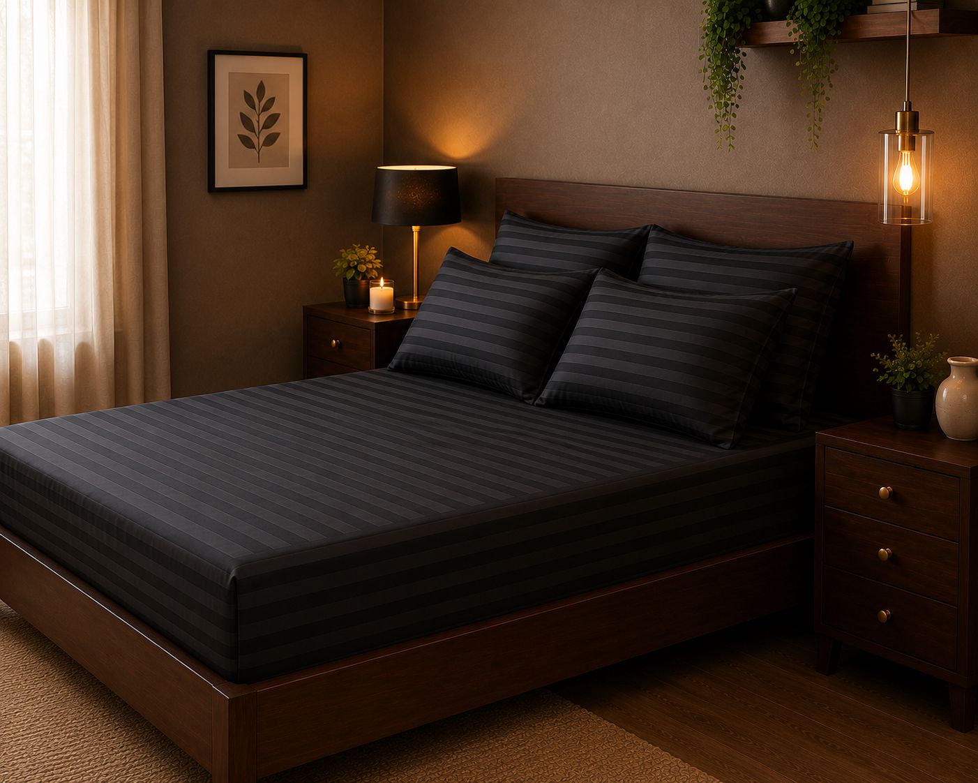 Black bedsheet set styled on a bed