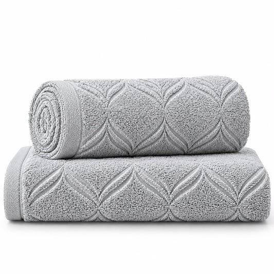 Grey patterned 100% cotton terry bath towel, 600 GSM