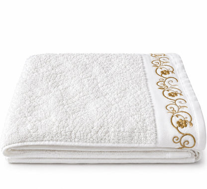 White and gold 100% cotton terry bath towel, 600 GSM