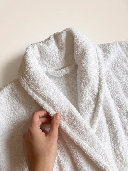 White cotton terry bathrobe with belt tie