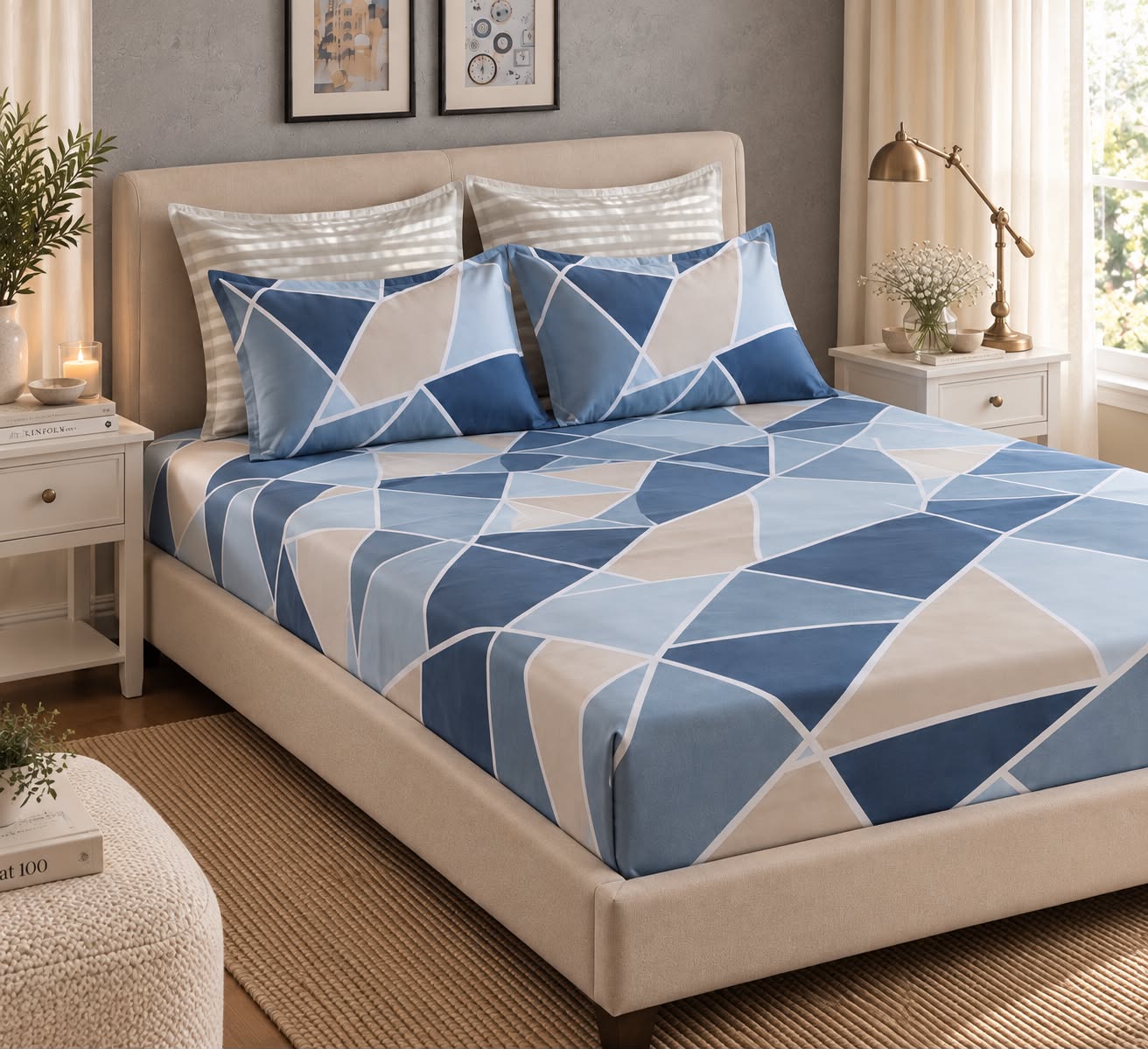 Prism printed queen size bedsheet set in blue