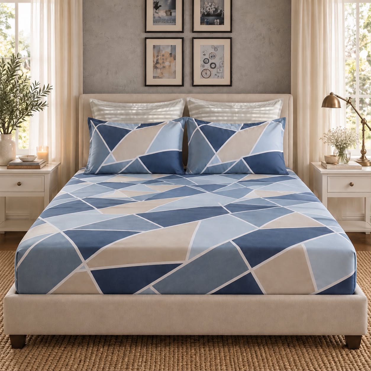 Blue geometric bedsheet styled on a bed